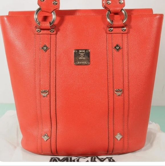 MCM Visetos Salmon Leather Studded Tote Bag + Dust Bag - Picture 4 of 16